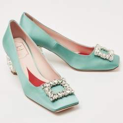 Roger Vivier Green Satin and Crystal Embellished Square Toe Pumps Size 38
