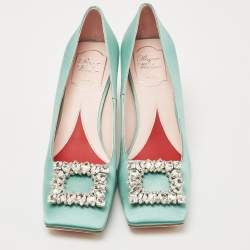 Roger Vivier Green Satin and Crystal Embellished Square Toe Pumps Size 38
