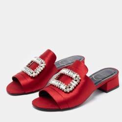 Roger Vivier Red Satin Crystal Embellished Slide Size 36
