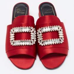 Roger Vivier Red Satin Crystal Embellished Slide Size 36