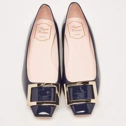 Pre Owned Roger Vivier Navy Blue Patent Leather Trompette Ballet Flats Size 38.5