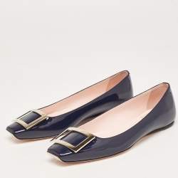 Pre Owned Roger Vivier Navy Blue Patent Leather Trompette Ballet Flats Size 38.5