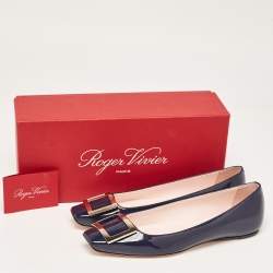 Pre Owned Roger Vivier Navy Blue Patent Leather Trompette Ballet Flats Size 38.5
