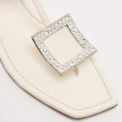 Roger Vivier Off White Leather Crystal Embellished Flat Thong Sandals Size 39