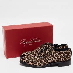 Roger Vivier Beige/Brown Leopard Print Laser Cut Calf Hair Lace Up Derby Size 40