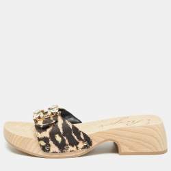 Roger Vivier Black/Brown Canvas Crystal Embellished Clogs Size 36