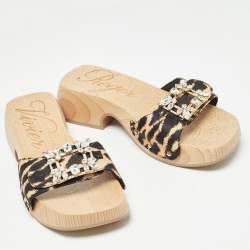 Roger Vivier Black/Brown Canvas Crystal Embellished Clogs Size 36