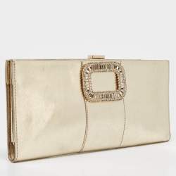 Pre Owned Roger Vivier Gold Leather Crystals Embellished Pilgrim Clutch