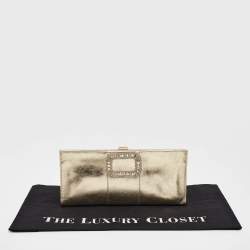 Pre Owned Roger Vivier Gold Leather Crystals Embellished Pilgrim Clutch
