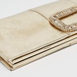 Pre Owned Roger Vivier Gold Leather Crystals Embellished Pilgrim Clutch
