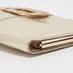 Pre Owned Roger Vivier Gold Leather Crystals Embellished Pilgrim Clutch