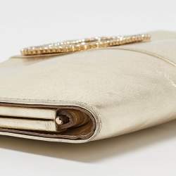 Pre Owned Roger Vivier Gold Leather Crystals Embellished Pilgrim Clutch