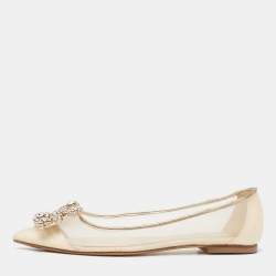 Roger Vivier Beige/Gold Leather and Mesh Crystal Embellished  Ballet Flats Size 34