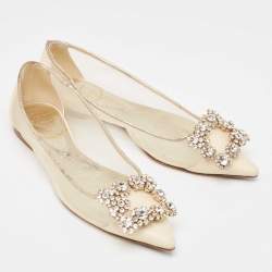 Roger Vivier Beige/Gold Leather and Mesh Crystal Embellished  Ballet Flats Size 34