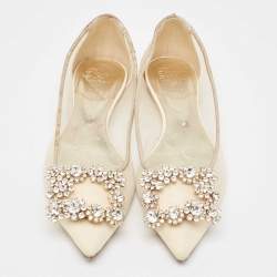 Roger Vivier Beige/Gold Leather and Mesh Crystal Embellished  Ballet Flats Size 34