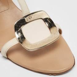 Pre Owned Roger Vivier Beige/Off White Leather Chips T Strap Sandals Size 39