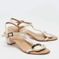 Pre Owned Roger Vivier Beige/Off White Leather Chips T Strap Sandals Size 39