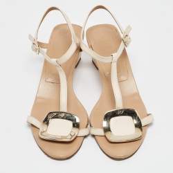 Pre Owned Roger Vivier Beige/Off White Leather Chips T Strap Sandals Size 39