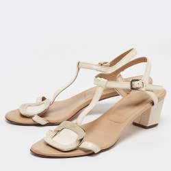 Pre Owned Roger Vivier Beige/Off White Leather Chips T Strap Sandals Size 39