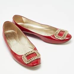 Pre Owned Roger Vivier Dark Red Patent Leather Chain Buckle Ballet Flats Size 40.5 