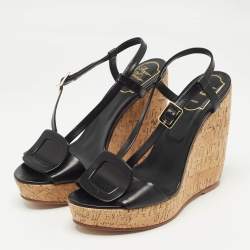 Pre Owned Roger Vivier Black Leather Cork Wedge Ankle Strap Sandals Size 39