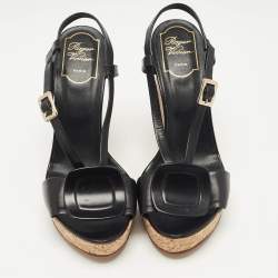 Pre Owned Roger Vivier Black Leather Cork Wedge Ankle Strap Sandals Size 39