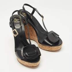 Pre Owned Roger Vivier Black Leather Cork Wedge Ankle Strap Sandals Size 39