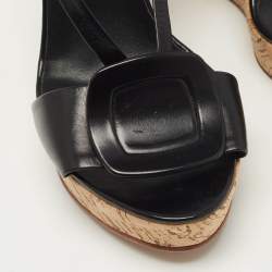 Pre Owned Roger Vivier Black Leather Cork Wedge Ankle Strap Sandals Size 39