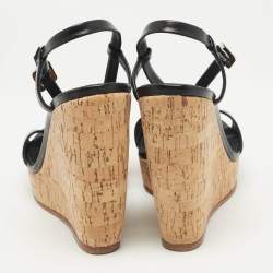Pre Owned Roger Vivier Black Leather Cork Wedge Ankle Strap Sandals Size 39