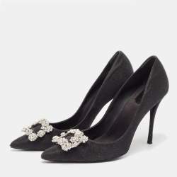Pre Owned Roger Vivier Black Glitter Fabric Flower Strass Buckle Pumps Size 40