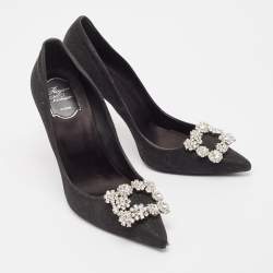 Pre Owned Roger Vivier Black Glitter Fabric Flower Strass Buckle Pumps Size 40