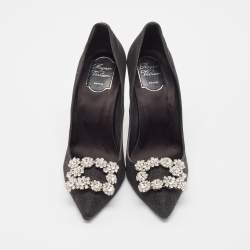 Pre Owned Roger Vivier Black Glitter Fabric Flower Strass Buckle Pumps Size 40