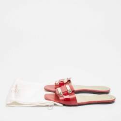 Pre Owned Roger Vivier Red/Gold Patent and Leather Pilgrim De Jour Slide Flats Size 37