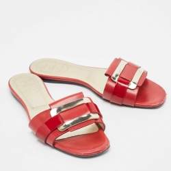 Pre Owned Roger Vivier Red/Gold Patent and Leather Pilgrim De Jour Slide Flats Size 37