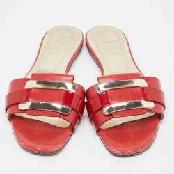 Pre Owned Roger Vivier Red/Gold Patent and Leather Pilgrim De Jour Slide Flats Size 37