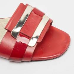 Pre Owned Roger Vivier Red/Gold Patent and Leather Pilgrim De Jour Slide Flats Size 37