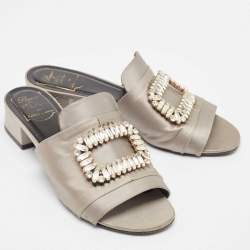 Roger Vivier Grey Satin Crystal Embellished Slide Sandals Size 38