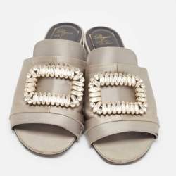 Roger Vivier Grey Satin Crystal Embellished Slide Sandals Size 38