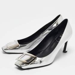 Pre Owned Roger Vivier Silver Leather Trompette Pumps Size 38