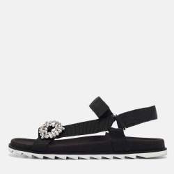 Roger Vivier Black Canvas Crystal Embellished Flat Sandals Size  41