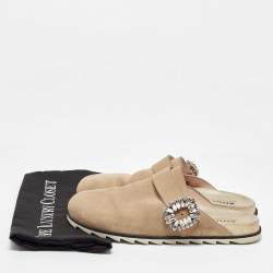 Pre Owned Roger Vivier Beige Suede Slidy Strass Buckle Mules Size 40