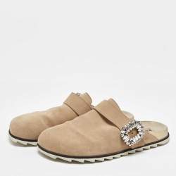 Pre Owned Roger Vivier Beige Suede Slidy Strass Buckle Mules Size 40