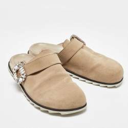 Pre Owned Roger Vivier Beige Suede Slidy Strass Buckle Mules Size 40