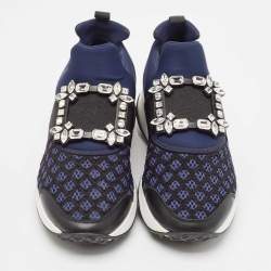 Roger Vivier Blue Leather and Mesh Viv Run Strass Slip On Sneakers Size 38