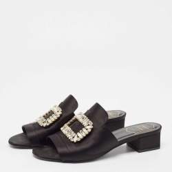 Pre Owned Roger Vivier Black Satin Crystal Embellished Slide Sandals Size 38