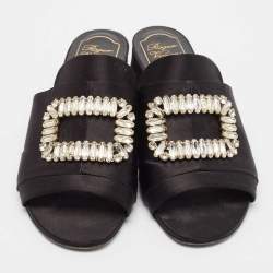 Pre Owned Roger Vivier Black Satin Crystal Embellished Slide Sandals Size 38