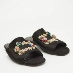 Roger Vivier Black Satin Crystal Embellished Flat Slides Size 39