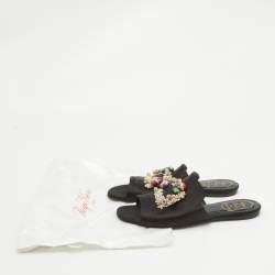 Roger Vivier Black Satin Crystal Embellished Flat Slides Size 39