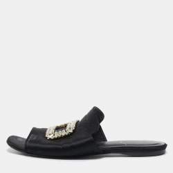 Roger Vivier Black Satin Crystal Embellished Flat Mules Size 40