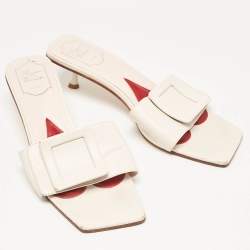 Roger Vivier Cream Leather Buckle Slide Sandals Size 42